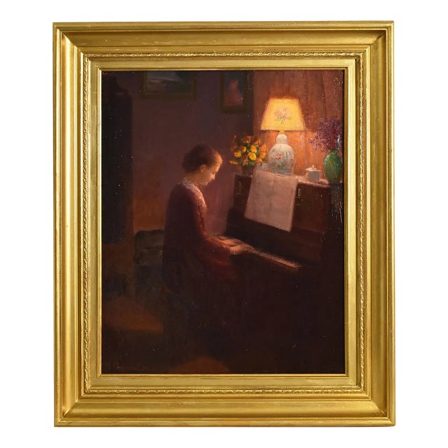 Henri-Charles Angéniol, Young Woman Playing the Piano, Oil on Canvas, 20th Century, Framed For Sale