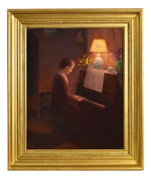 Henri-Charles Angéniol, Young Woman Playing the Piano, Oil on Canvas, 20th Century, Framed