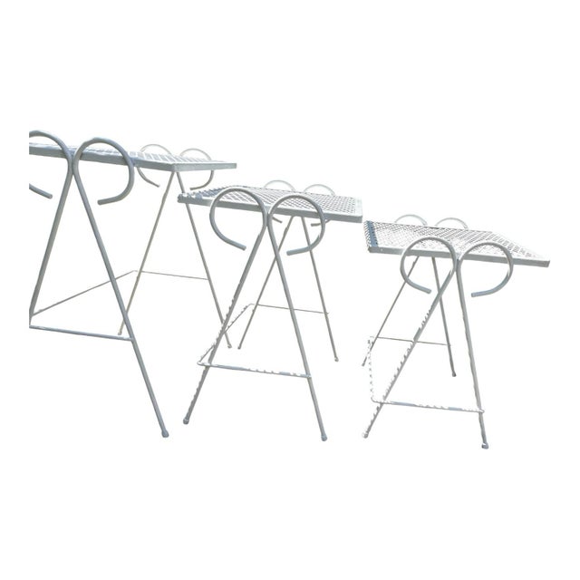 Metal Mid-Century White Metal Mesh Nesting Garden Patio Tables or Plant Stands Woodard Styled — Set of 3 For Sale - Image 7 of 7