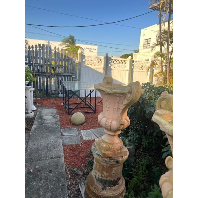 Italian 1920s Pair of Italian Large Stone Garden Urns on Pedestal 52 Inches Tall. 25 W For Sale - Image 3 of 8
