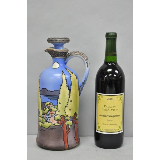 Antique Nippon Hand Painted Blue Halloween Pattern Porcelain Moriage Wine Jug with Cork Stopper. Circa Early 20th Century....