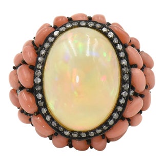 Opal Coral and Diamond Cocktail Ring size 9 For Sale