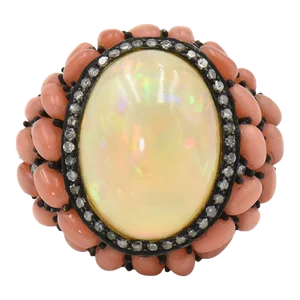 Opal Coral and Diamond Cocktail Ring size 9