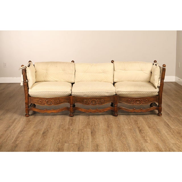 French Country Style Carved Oak Frame Three Seat Sofa For Sale - Image 13 of 18