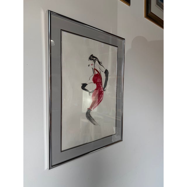 Striking 1980s vintage fashion illustration featuring a stylized female figure in a bold red dress, rendered with...