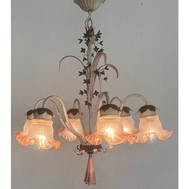 Gold Vintage Italian White and Gold Patinated Metal and Glass Chandelier, 1970s For Sale - Image 8 of 15