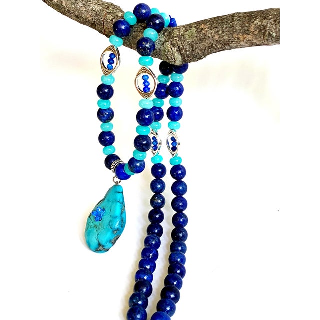 Artisan One-of-a-Kind Gemstone Necklace With Vintage Arizona Turquoise, Lapis Lazuli & Blue Chalcedony For Sale - Image 9 of 18