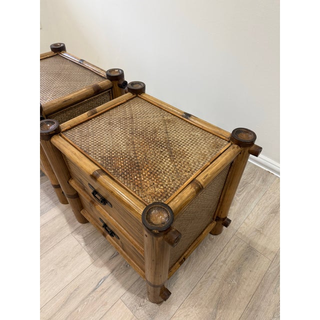 Mid-Century Modern Pelican Reef Vintage Bamboo and Rattan Pair of Nighstands For Sale - Image 3 of 12