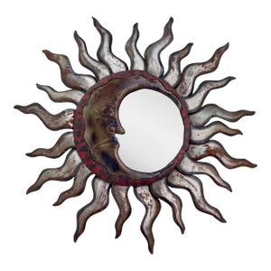 Vintage Rustic Brutalist Sun Ray and Moon Wall Mirror