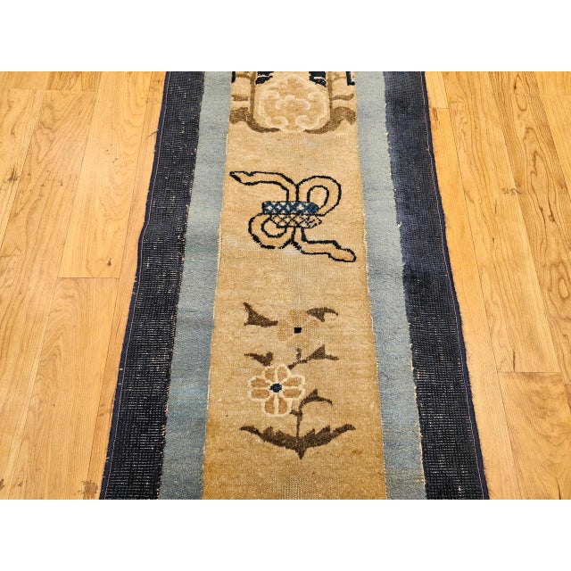 Late 19th Century Antique Chinese Peking Runner, Hand-Knotted Wool, Ivory & Navy, 1880s, 2' x 10' For Sale - Image 5 of 9