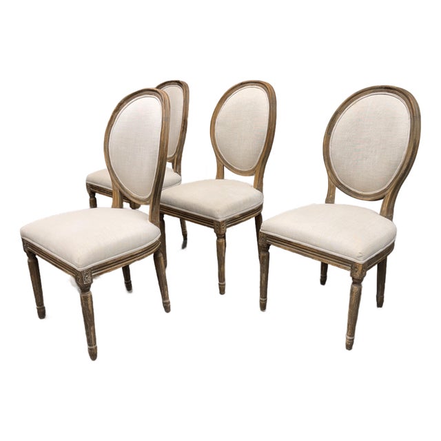 Van Thiels for Restoration Hardware French Contemporary Round Fabric Dining Side Chairs, Set of Four For Sale