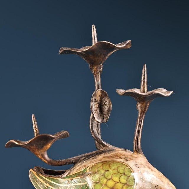 Chinese Antique Chinese Cloisonné & Bronze Crane Turtle Candle Holder - 5.5 LBS For Sale - Image 3 of 9