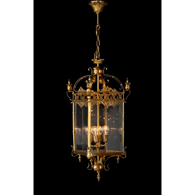 Art Deco Classical Lantern Brass Glass Gold Pendant Lighting Lanterne For Sale - Image 3 of 9