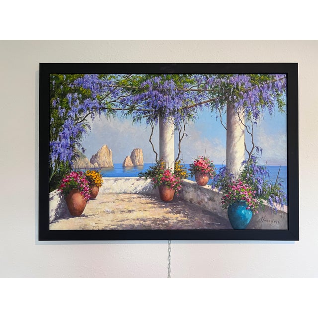 This breathtaking original oil painting by Italian artist Moriani captures the serene beauty of a Mediterranean terrace...