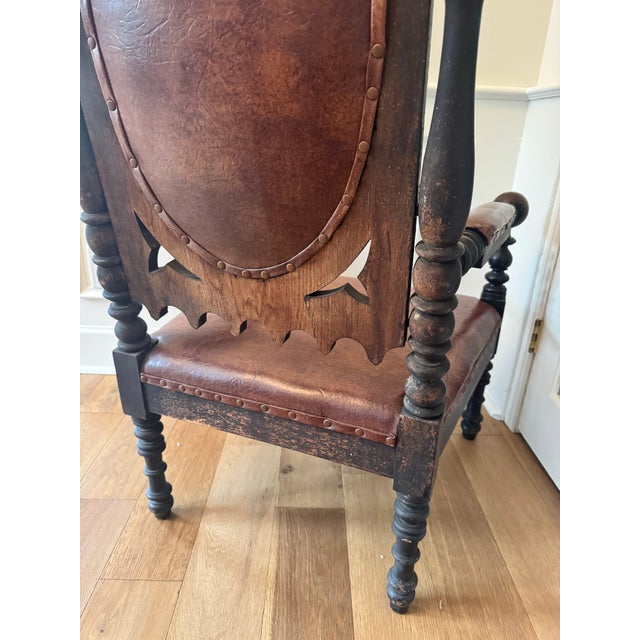 Late 19th Century Pair of Antique Victorian Gothic Revival High-Back Walnut Armchairs — C. 1870–1885 For Sale - Image 5 of 7