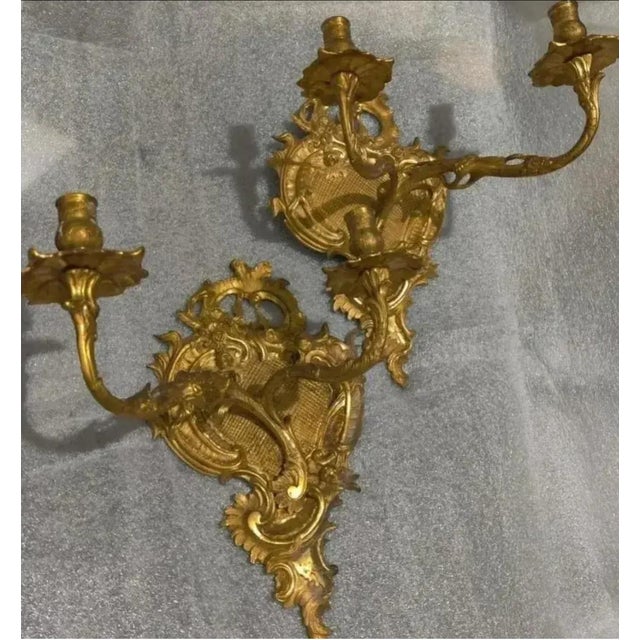 Bronze 19th Century Ornate French Rococo Gilt Bronze Wall Sconces - A Pair For Sale - Image 8 of 11