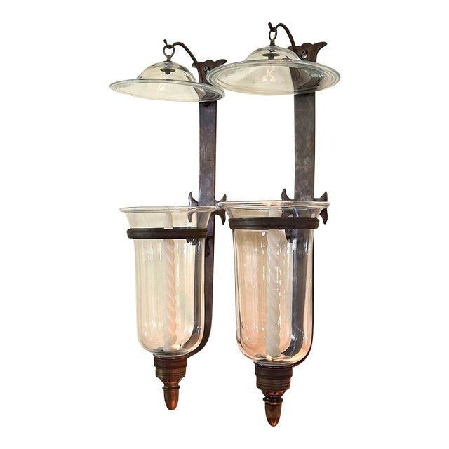 Vintage, Brass and Blown Glass, Hurricane Wall Sconces, With Smoke Bells, by Chapman - Pair For Sale