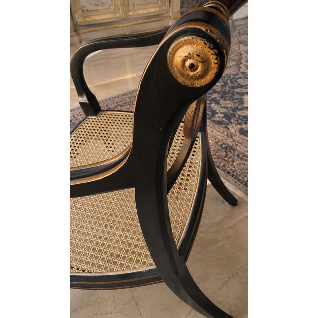 Pair of Baker Furniture “Governor Alston” Regency Black & Gilt Caned Armchairs For Sale - Image 11 of 14