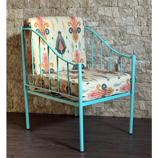 Pair of Wrought Iron Turquoise Lounge Chairs with Outdoor Geometrical Fabric For Sale - Image 9 of 18