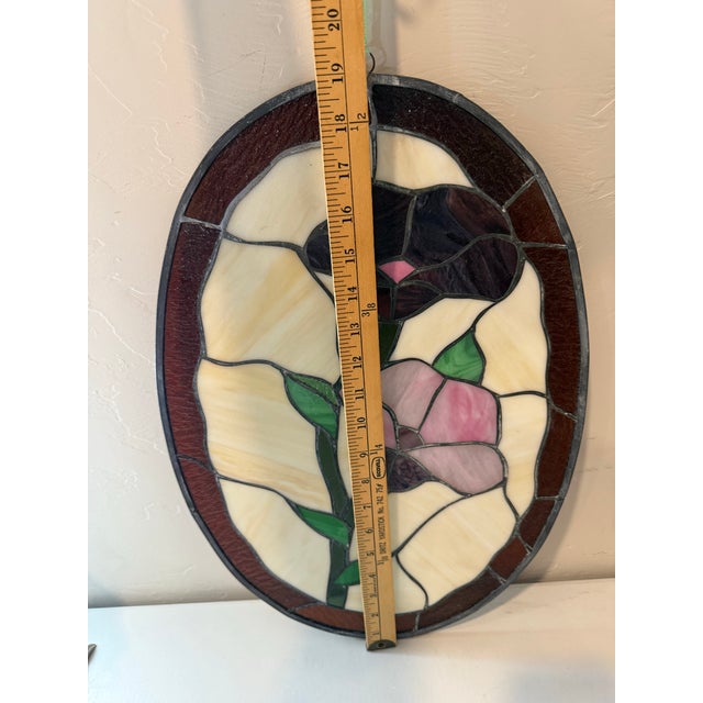 Amethyst Vintage Handcrafted Oval Shaped Large Floral Motif Stained Glass Panel Suncatcher Window Hanging 18” X 13” For Sale - Image 8 of 9