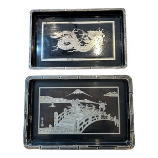Vintage Japanese Export Serving Trays Dragon & Samurai With Mt. Fuji (Set of 2) For Sale