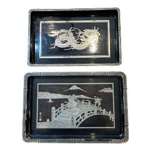 Vintage Japanese Export Serving Trays Dragon & Samurai With Mt. Fuji (Set of 2)