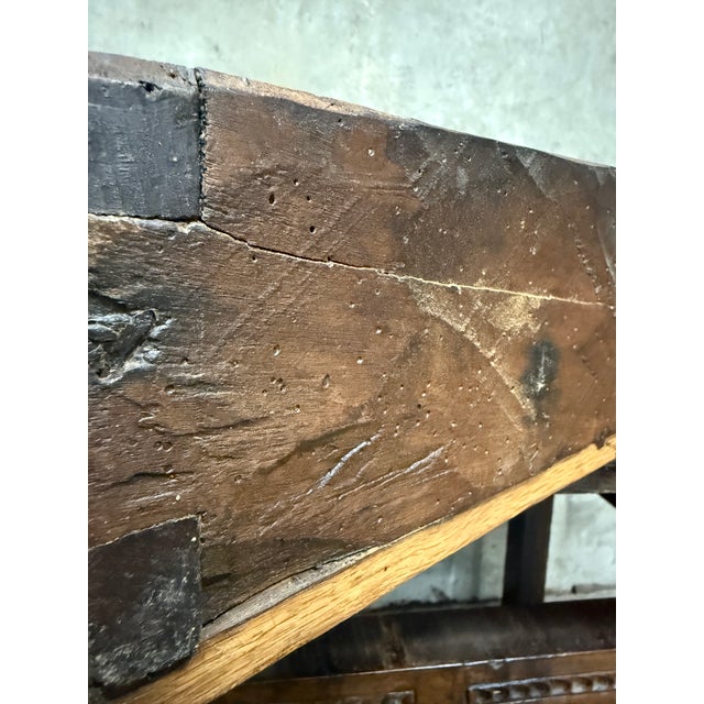 18th C. Spanish Beautifully Rustic Carved-Wood Trestle-Leg Table With Drawer For Sale - Image 10 of 18