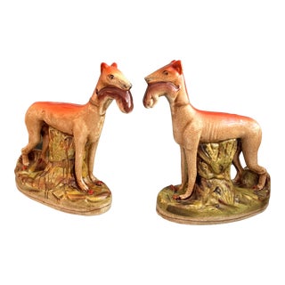 Late 20th Century Extra Large Staffordshire Style Whippet Hunting Dog Figurines - a Pair For Sale