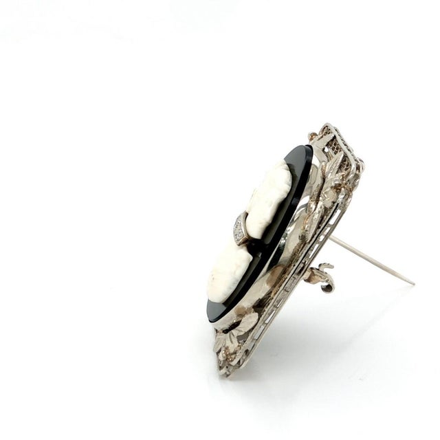 Metal Mid 20th Century 14k White Gold Vintage Cameo Pin Pendant Diamond Onyx Floral Filigree For Sale - Image 7 of 9