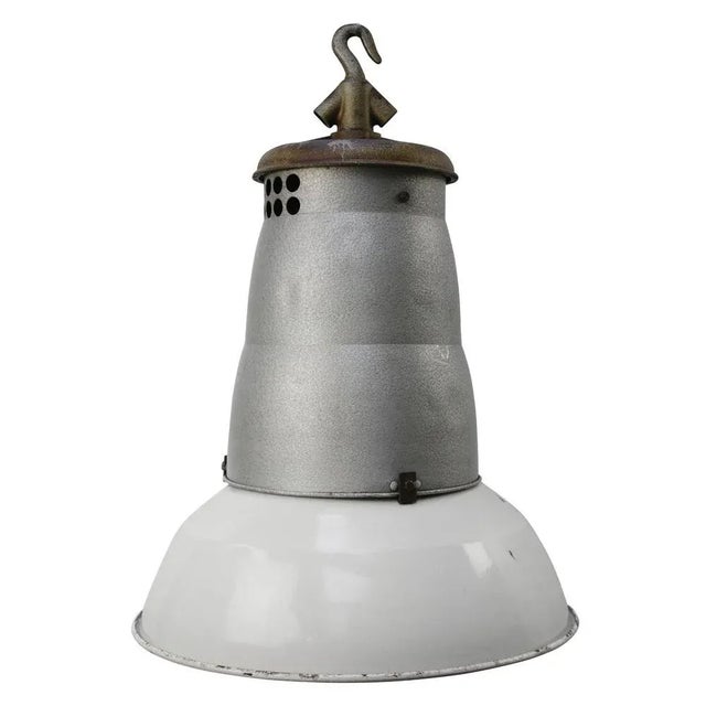 Large Vintage French Industrial Light Grey Enamel Pendant Lights from Mazda For Sale - Image 6 of 6