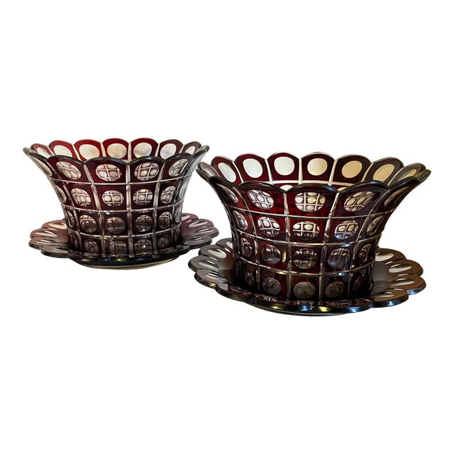 Antique 19th Century Ruby Glass Cut to Clear Crystal Bowls and Under Tray Platters - A Pair For Sale