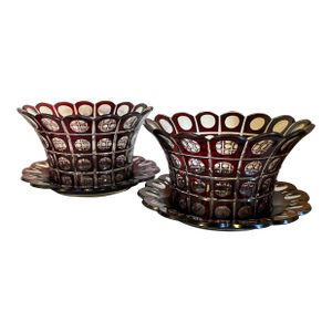 Antique 19th Century Ruby Glass Cut to Clear Crystal Bowls and Under Tray Platters - A Pair