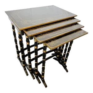 Vintage Hollywood Regency Nesting Tables in Ebony Finish With Gold Painted Accents- Set of 4