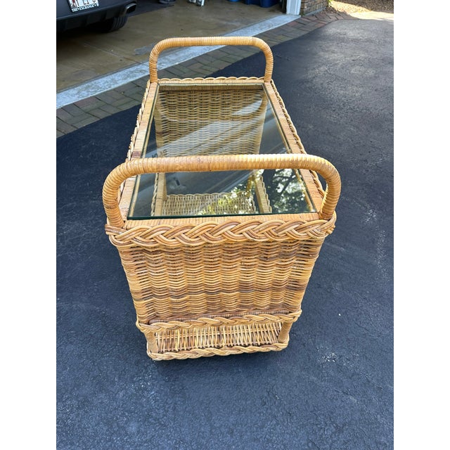 Tan Mid Century Vintage Wicker & Glass Bar Cart – Breezy Elegance With Boho Charm For Sale - Image 8 of 11