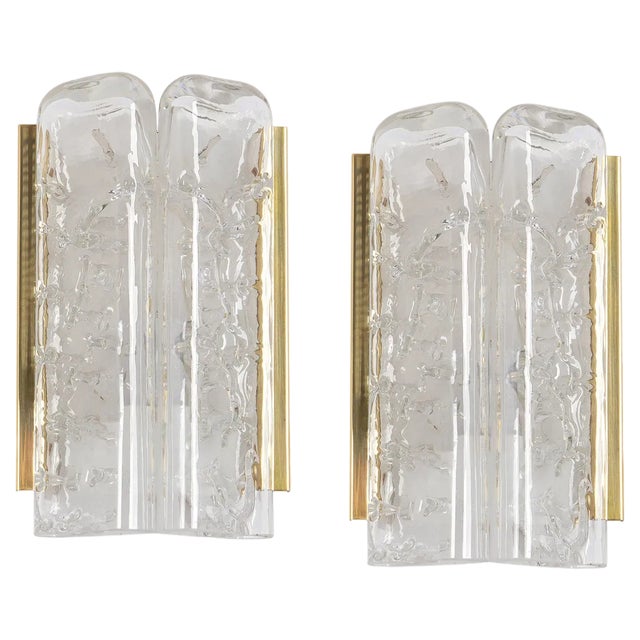 Brass and Murano Glass Wall Sconces attributed to Doria, Germany, 1960s, Set of 2 For Sale