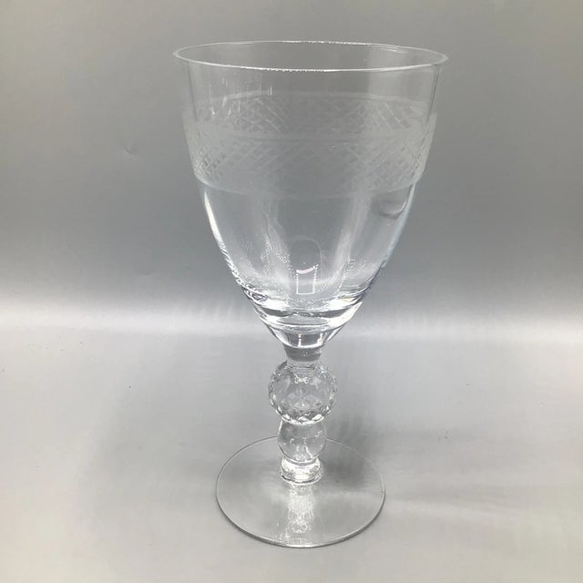 1950s Morgantown "Eton" Water Goblets Cut Ball Stem, With Cross Hatch Band -Set of 5 Crystal Glasses For Sale - Image 5 of 13