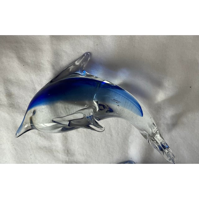 Glass Italian Murano-Style Blue Sommerso Art Glass Dolphin Sculptures, Graduated Pair For Sale - Image 7 of 9