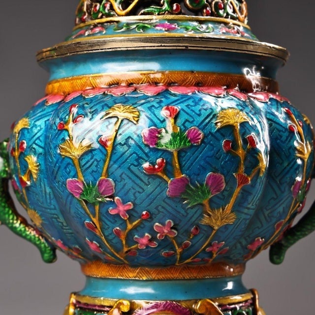 Blue Late 20th Century Cloisonné Enamel Censer With Dragon Handles and Floral Motifs For Sale - Image 8 of 9