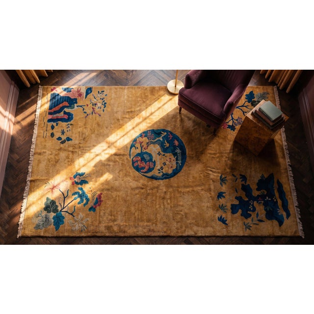 1920s Orange Medallion Scene Antique Chinese Art Deco Carpet 6' X 8'6 Knotted Wool Rug For Sale - Image 11 of 12