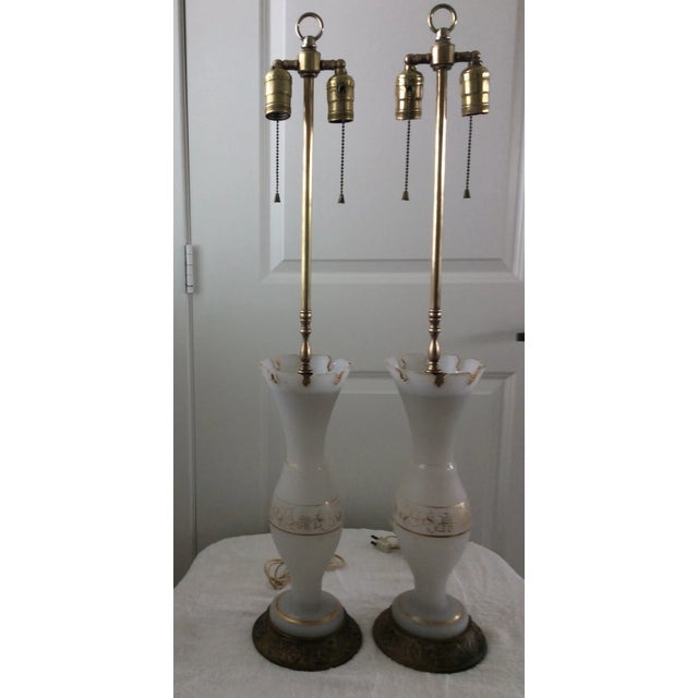 Antique Opaline and Gold Trim Table Lamps - a Pair For Sale - Image 10 of 10