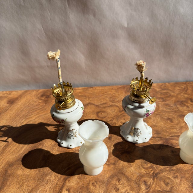 White 20th Century Victorian-Style Miniature Milk Glass Oil Lamps- A Pair For Sale - Image 8 of 11