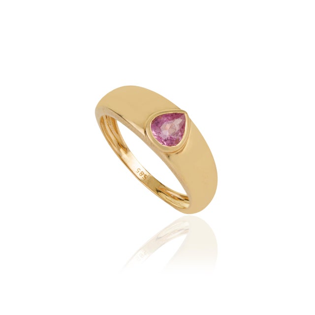 Contemporary Pear Pink Sapphire Bezel Set Signet Ring Size 9 in 14k Gold For Sale - Image 4 of 14