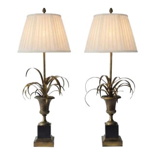 Vintage Maison Charles Brass Palm Table Lamps, French Mid-Century Hollywood Regency Pair, "Vase Roseaux" Design, 1950s For Sale