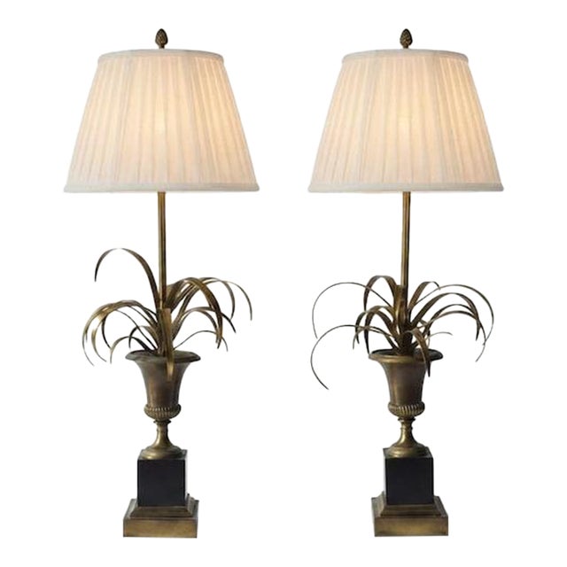 Vintage Maison Charles Brass Palm Table Lamps, French Mid-Century Hollywood Regency Pair, "Vase Roseaux" Design, 1950s For Sale