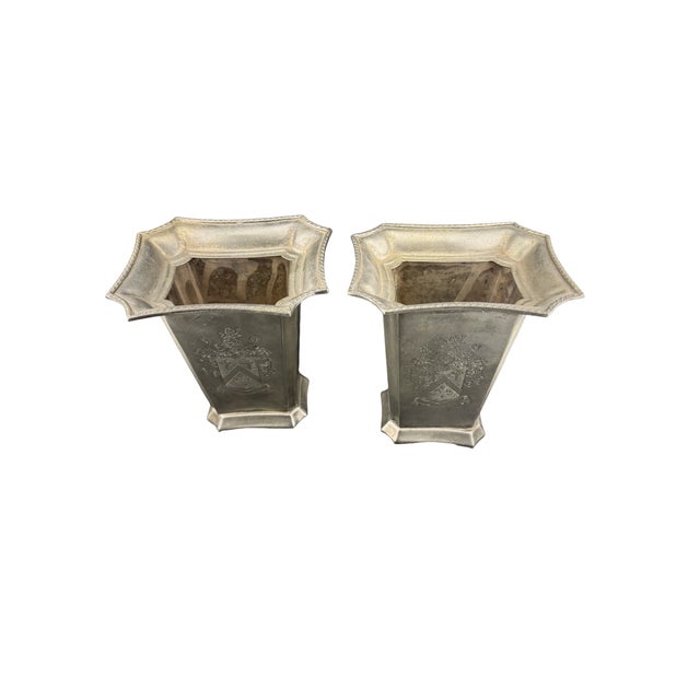 Silver Tapered Shaped Engraved Coat of Arms Urn Pair For Sale In Charleston - Image 6 of 7