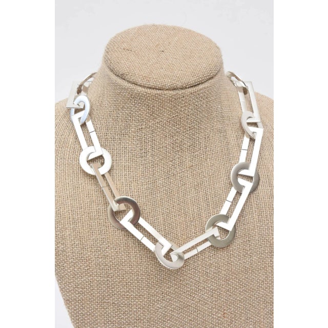 Metal Vintage Sterling Silver Circle and Rectangle Modernist Link Chain Necklace, 1960's For Sale - Image 7 of 8