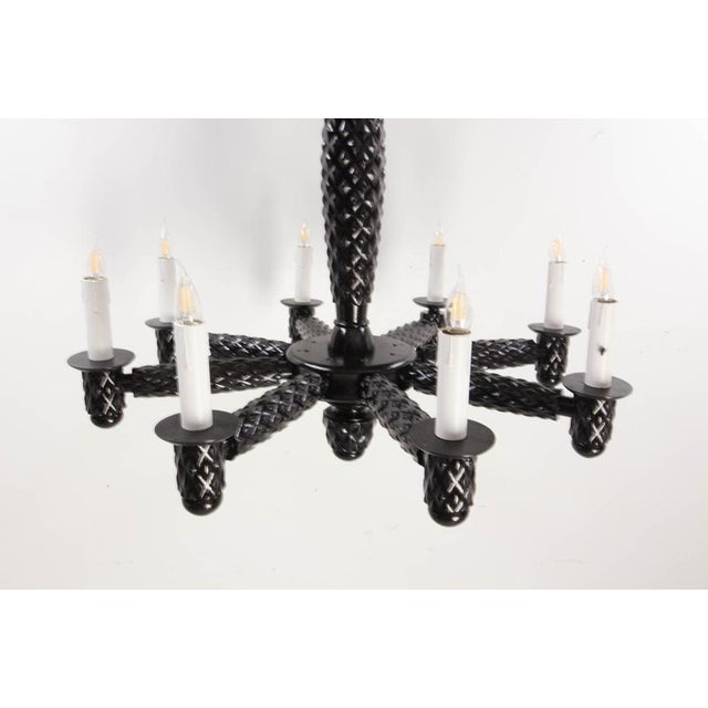 French Black Lacquered Wood Chandelier with Eight Lamps, 1940 For Sale - Image 11 of 13