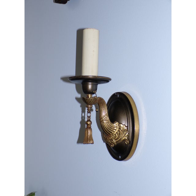 Vintage Pair Art Nouveau Gilt Brass Sconces Wall Lamp Fixtures With Tassels For Sale - Image 12 of 13
