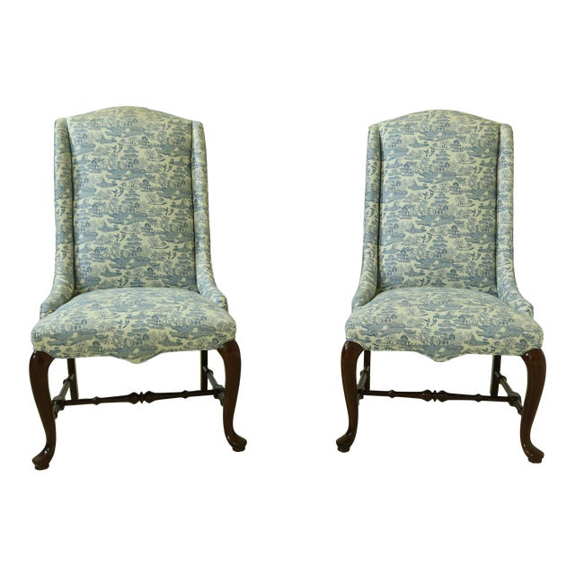 Chinoiserie Blue Fabric Upholstered Queen Anne Host Chairs a Pair