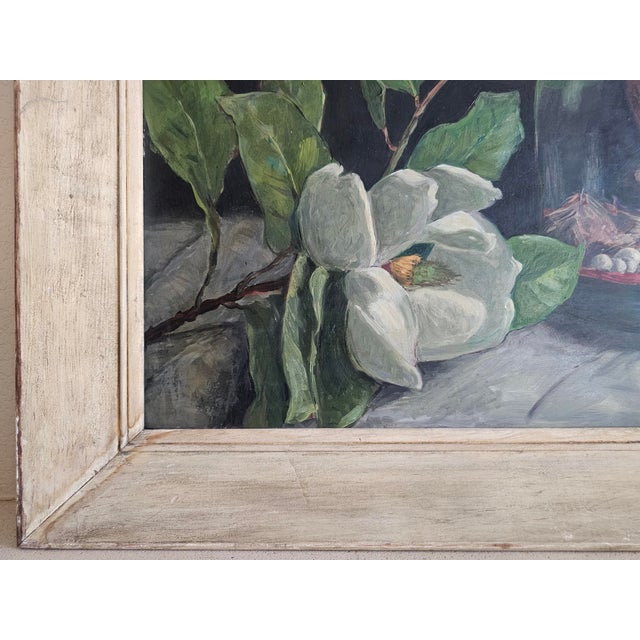 Mid 20th Century Virginia Woolley Original Oil Painting Cardinal Under Glass With Magnolia Framed For Sale In San Diego - Image 6 of 12